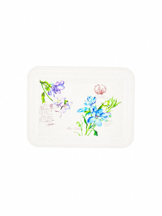 Charola Rectangular de plastico en color blanco con estampado florar y mas con borde decorado