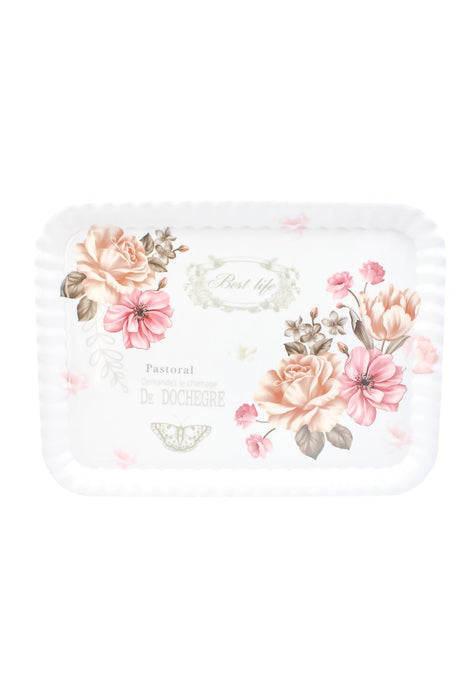 Charola rectangular de melamina con diseño floral clasico y bordes ondulados ideal para el servicio 1 pieza