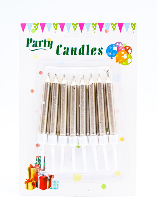 Blister con 8 velas para pastel y celebraciones en tono metalico con estilo liso en colores varios