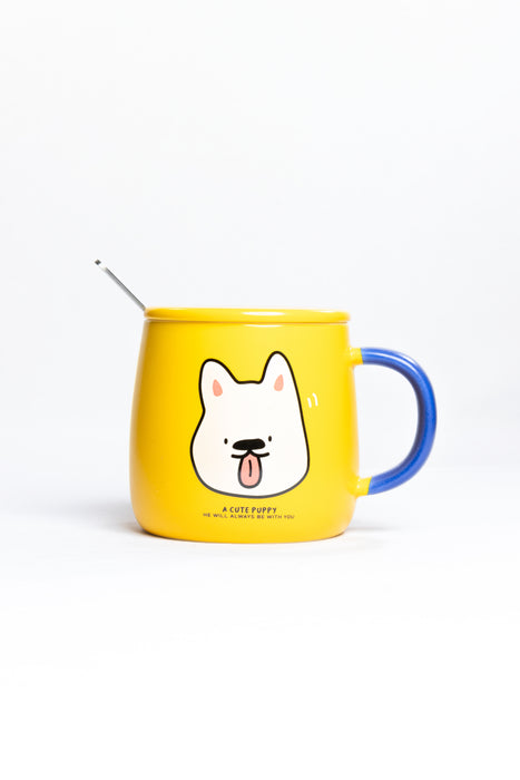 Taza de cerámica para café o té con tapa y cuchara incluidos diseño cachorro