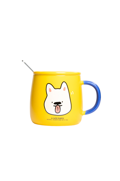 Taza de cerámica para café o té con tapa y cuchara incluidos diseño cachorro