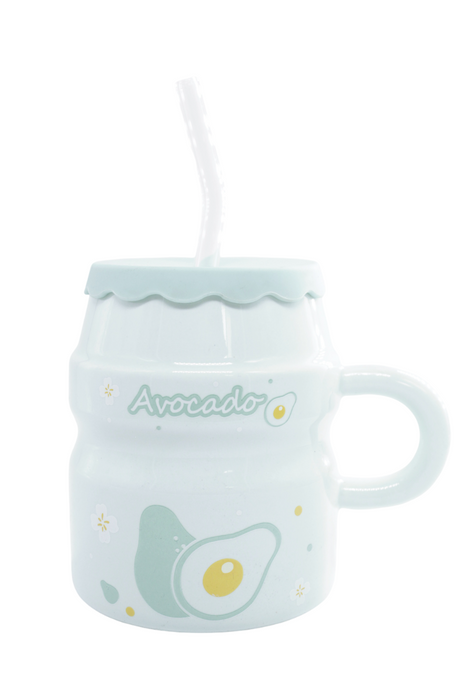 Taza de cerámica para tu bebida favorita en colores y diseños varios con tapa de silicón y popote