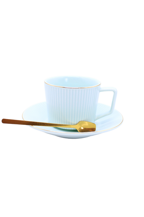 Set de taza con plato y cuchara de cerámica en colores varios tonos pastel