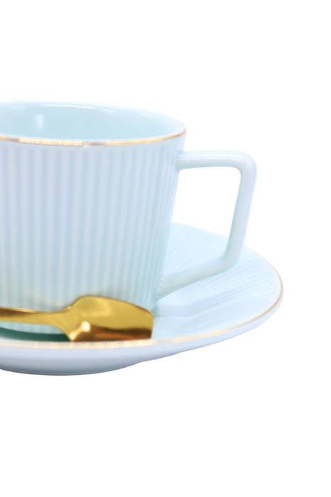 Set de taza con plato y cuchara de cerámica en colores varios tonos pastel