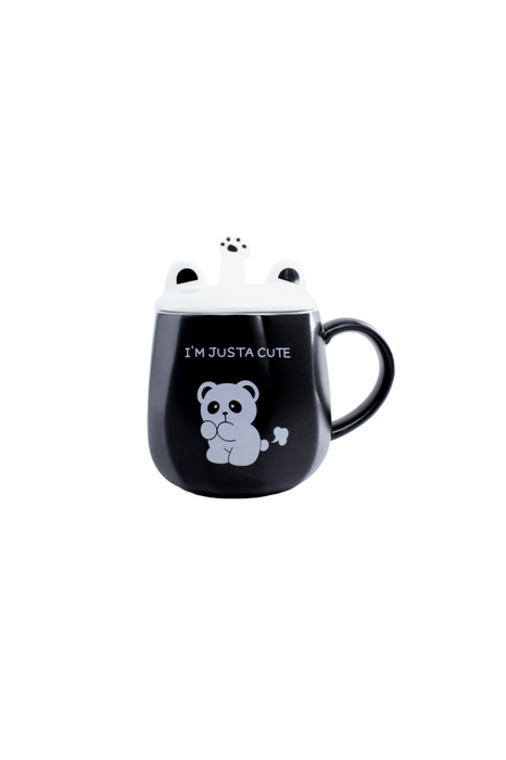 Taza de cerámica con tapa y cuchara diseño panda chino en dos colores