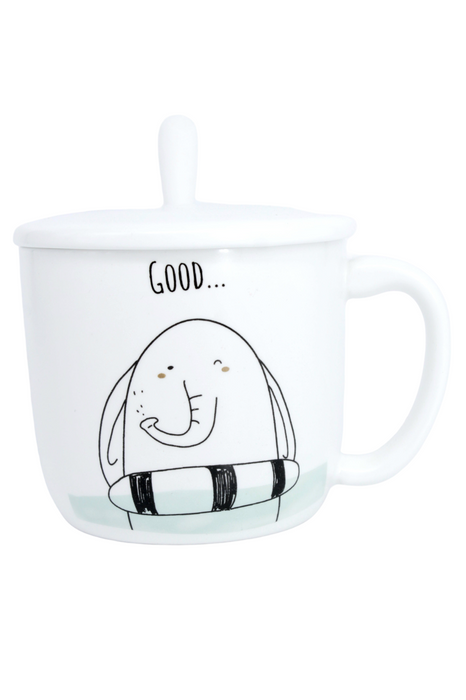 Taza de cerámica para café color blanco con tapa y cuchara diseño de animales