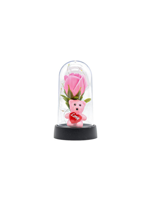 Rosa eterna y osito adorable en cupula con luz led en colores varios ideal para obsequiar