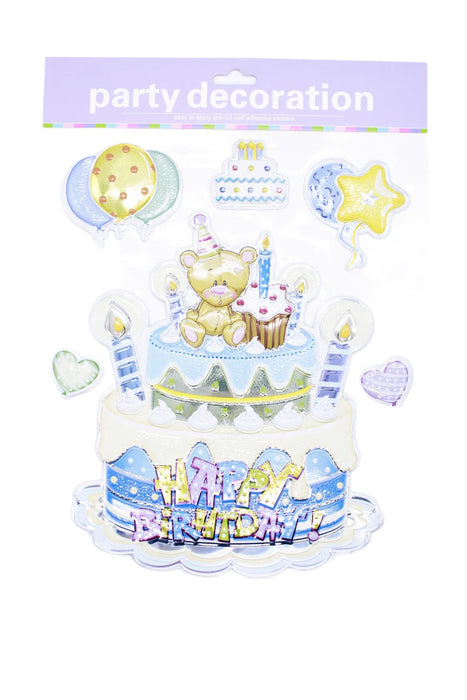 Set de pegatinas para celebracion de cumpleaños con diseño osito en pastel y frase happy birthday