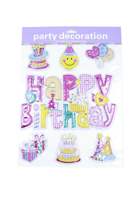 Set de pegatinas de cumpleaños con frase happy birthday y decoraciones festivas en plastico