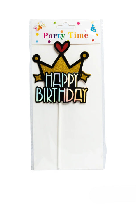 Adorno para pastel con frase happy birthday tornasol con corana dorada sostenida en popotillo