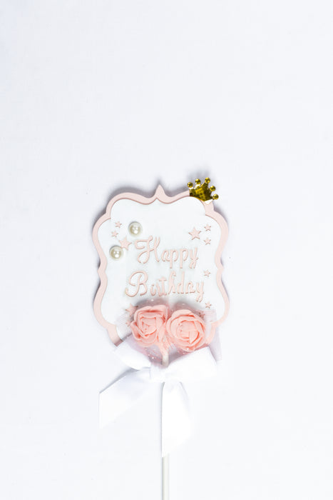Adorno para pastel rosa diseño escudo real con mensaje happy birthday y flores