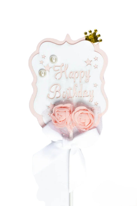 Adorno para pastel con frase happy birthday con perlas decorativas y moño en diferentes colores