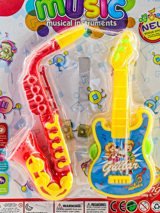 Set musical infantil mini saxofón y guitarra de juguete en colores vibrantes para fomentar la creatividad de los pequeños