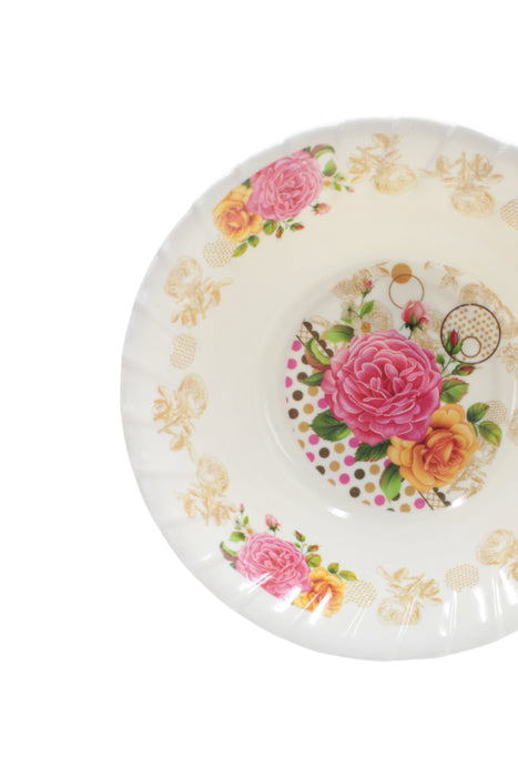 Plato de melamina hondo de color blanco con estampados de rosas y flores variadas con borde texturizado