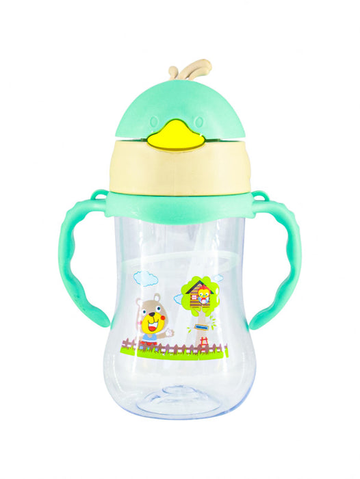 Vaso con asas en modelo de ave para infantes con popote retractil en colores varios