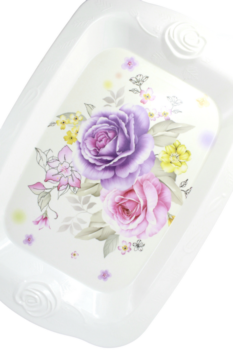 Charola de plástico rectangular para servicio de mesa color blanco con diseño de flores