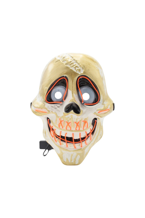 Máscara de calavera con diseño de sonrisa y ojos iluminados con luz led multicolor y detalles dorados