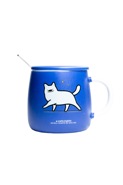 Taza de cerámica para café o té con tapa y cuchara incluidos diseño cachorro