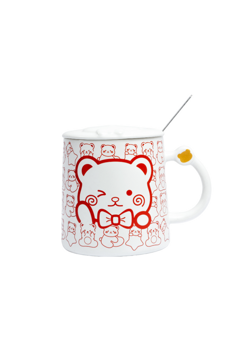 Taza de cerámica para café color blanco o negro con diseño de oso coqueto incluye tapa y cuchara