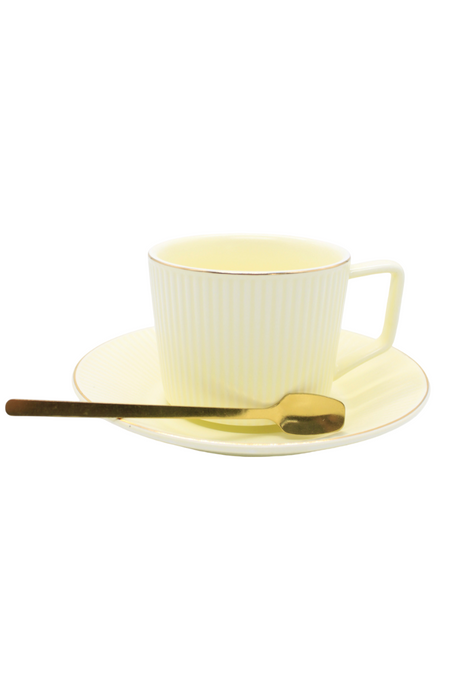 Set de taza con plato y cuchara de cerámica en colores varios tonos pastel