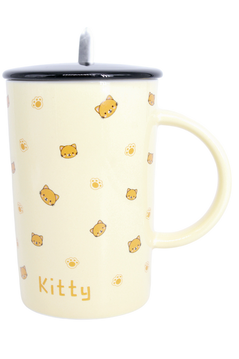 Taza de cerámica con diseño de gatitos en colores varios incluye tapa y cuchara