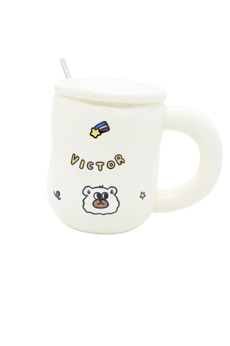 Taza de cerámica para café o té incluye tapa y cuchara en colores y diseños varios