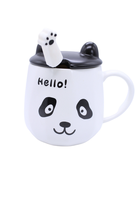 Taza de cerámica con tapa y cuchara diseño panda chino en dos colores