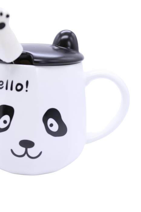 Taza de cerámica con tapa y cuchara diseño panda chino en dos colores