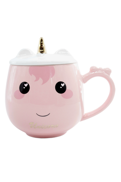 Taza de cerámica con tapa y cuchara con diseño de unicornio en colores varios acabado brillante