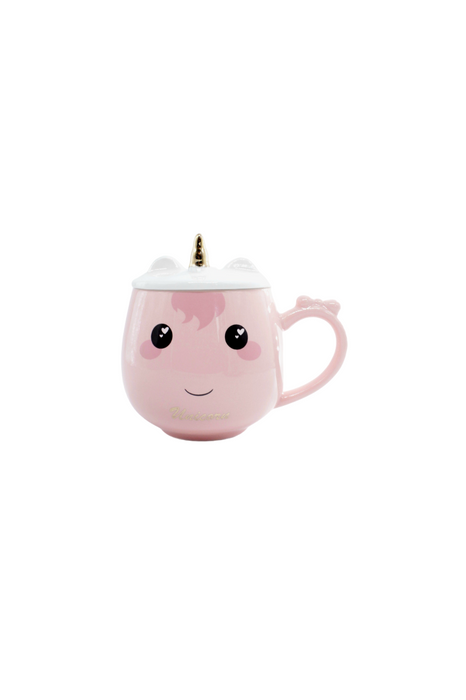 Taza de cerámica con tapa y cuchara con diseño de unicornio en colores varios acabado brillante