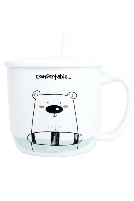 Taza de cerámica para café color blanco con tapa y cuchara diseño de animales