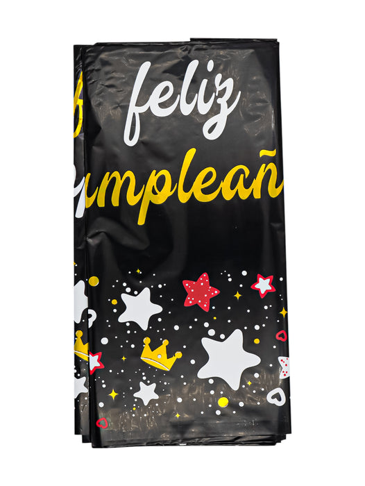 Mantel de aluminio con leyenda de feliz cumpleaños decorado con estrellas en colores varios