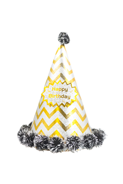 Gorrito para fiesta decorado de pompones y frase happy birthday en colores vibrantes