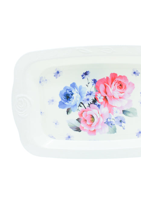 Charola de plástico rectangular para servicio de mesa color blanco con diseño de flores