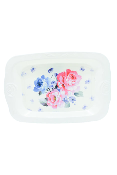 Charola de plástico rectangular para servicio de mesa color blanco con diseño de flores