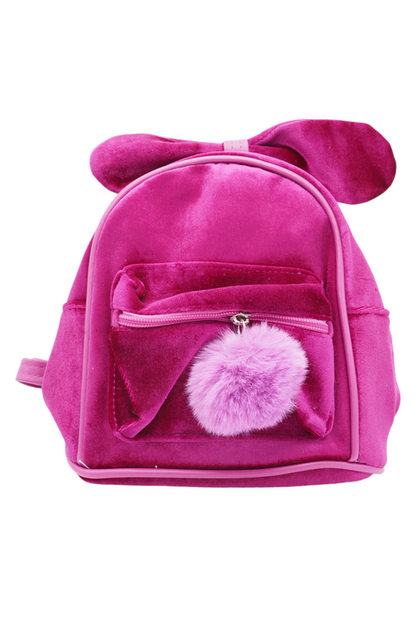 Mochila para infantes de tela aterciopelada en colores varios con decoracion de orejitas y pompon