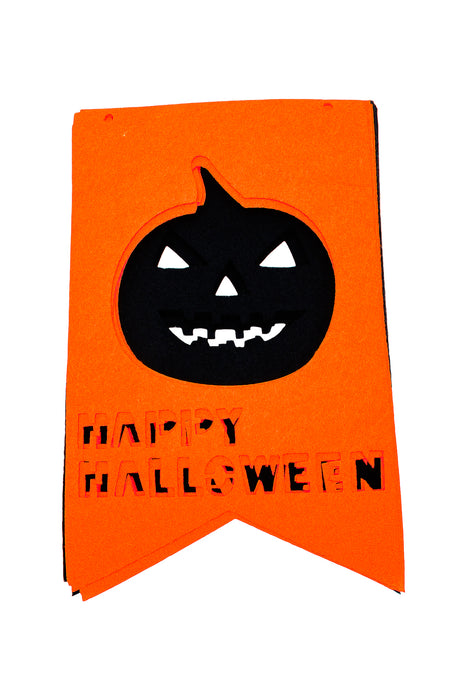 Tira con 6 banderines con diseño de halloween en color naranja con negro diseños varios