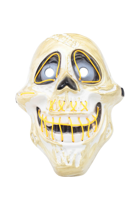 Máscara de calavera con diseño de sonrisa y ojos iluminados con luz led multicolor y detalles dorados