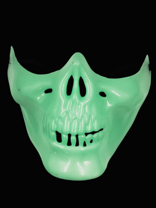 Máscara antifaz y mandíbula de  calavera en color verde fluorescente que brilla en la oscuridad diseños varios