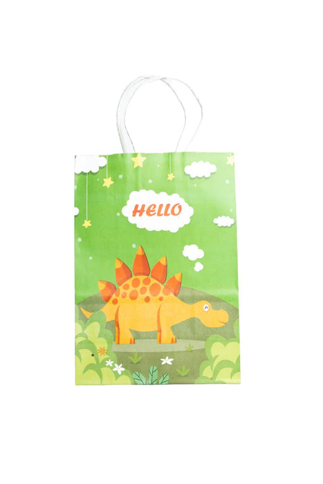 Paquete de bolsas para regalo verde diseño estegosaurio con mensaje hello 12 piezas