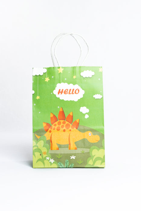 Paquete de bolsas para regalo verde diseño estegosaurio con mensaje hello 12 piezas