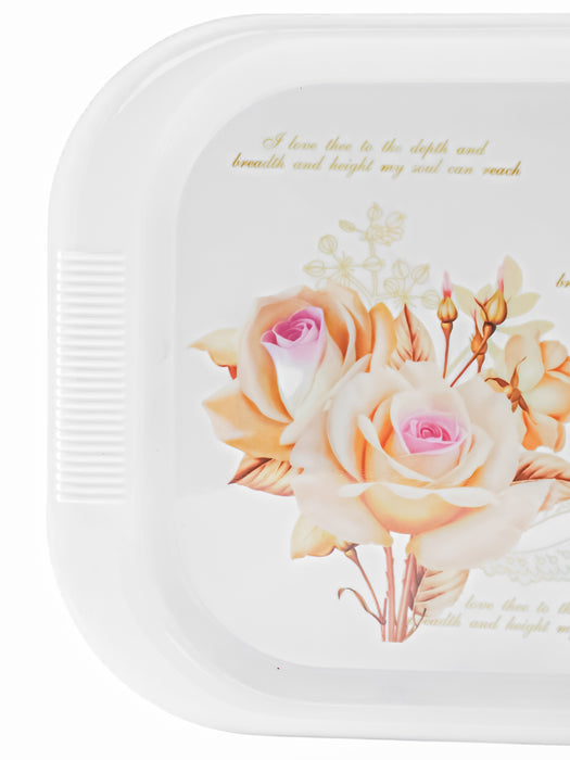 Charola blanca con forma rectangular para servicio de mesa color blanco con ilustracion de rosas