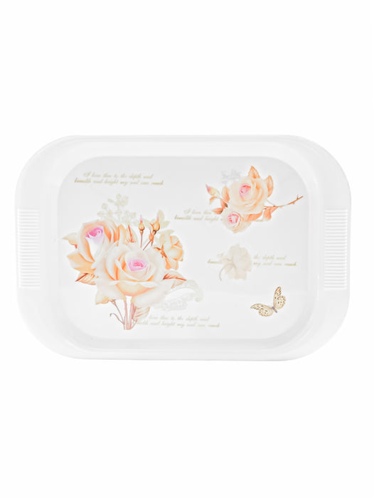 Charola blanca con forma rectangular para servicio de mesa color blanco con ilustracion de rosas