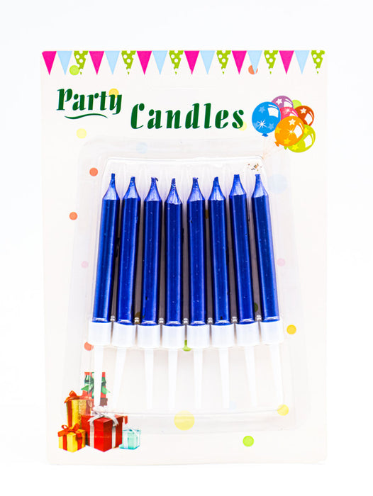 Blister con 8 velas para pastel y celebraciones en tono metalico con estilo liso en colores varios