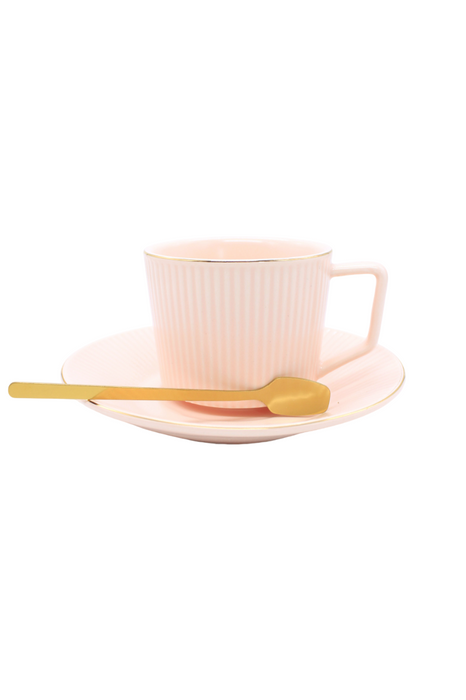 Set de taza con plato y cuchara de cerámica en colores varios tonos pastel