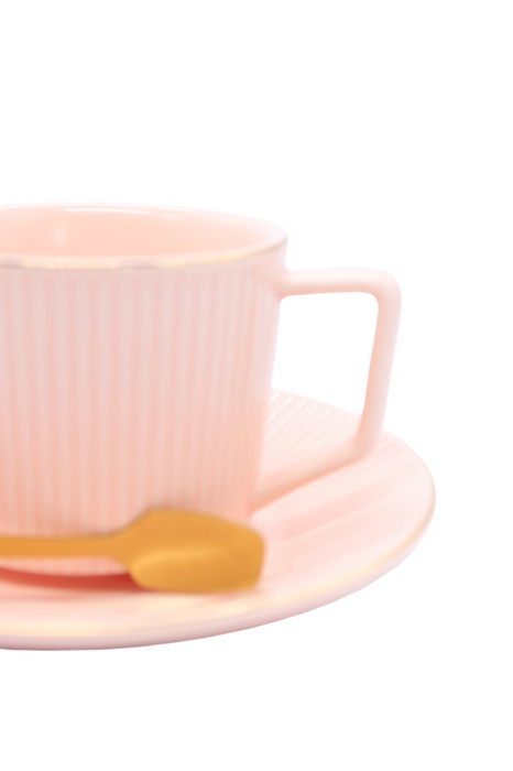 Set de taza con plato y cuchara de cerámica en colores varios tonos pastel