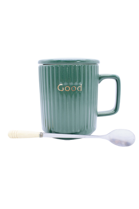 Set de taza con tapa y cuchara en colores varios diseño good ideal para altas temperaturas