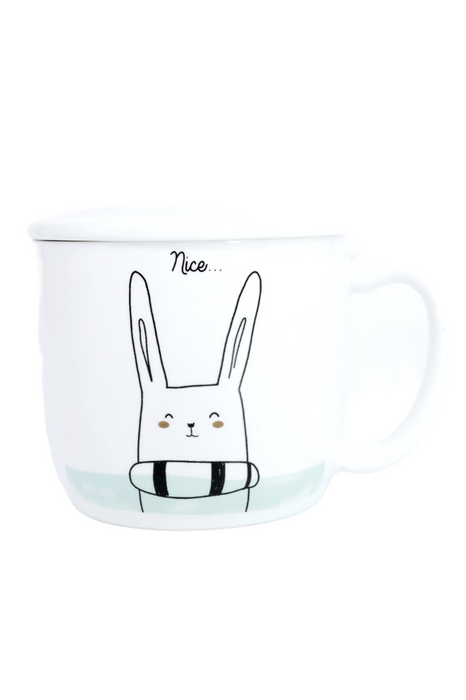 Taza de cerámica para café color blanco con tapa y cuchara diseño de animales