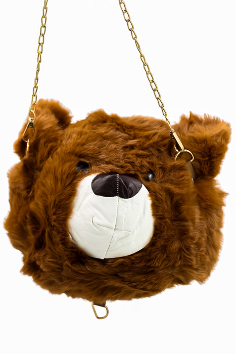 Bolso de felpa diseño cabeza de oso y correa de cadena dorada colores varios