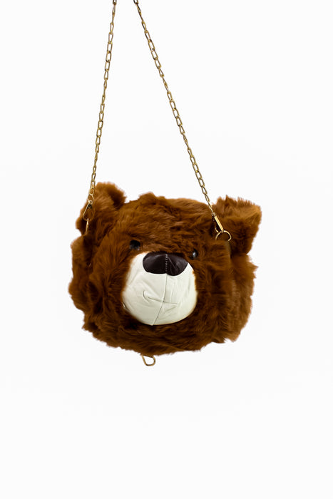 Bolso de felpa diseño cabeza de oso y correa de cadena dorada colores varios